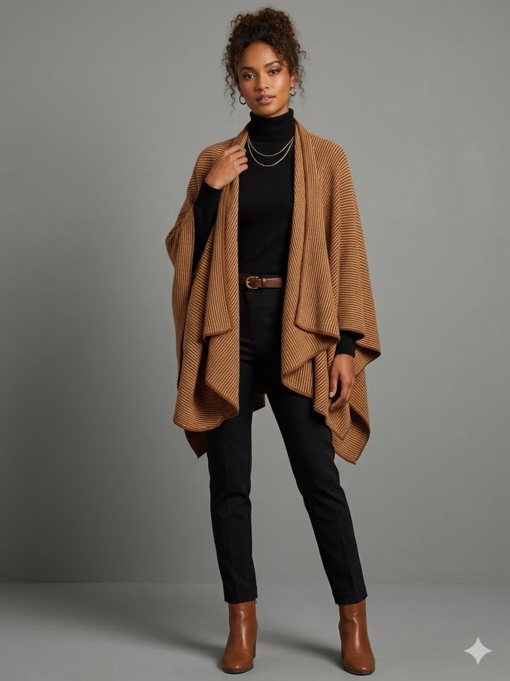 Women's Open-Front Ribbed Wrap Poncho - Camel Cristina Chiti Made in Itay